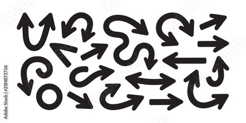 Black hand drawn doodle arrows collection vector isolated on transparent background for web design layout.