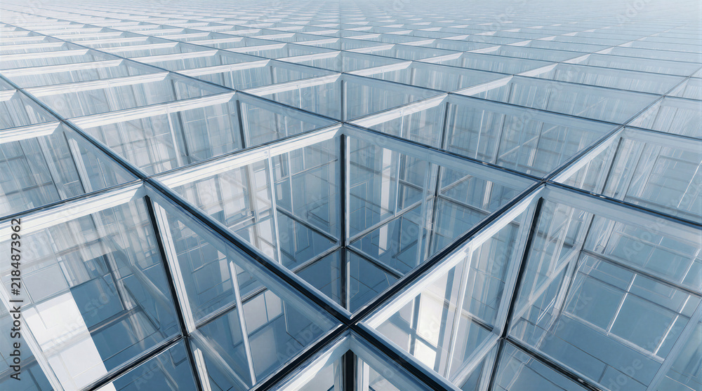 Obraz premium Geometric architecture featuring an infinite grid of identical transparent glass rooms arranged in a three dimensional matrix
