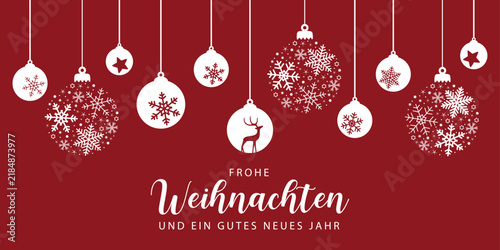 red merry christmas card with hanging ball decoration vector illustration