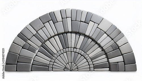 semicircular fan pattern of grey cobblestone pavers isolated on white