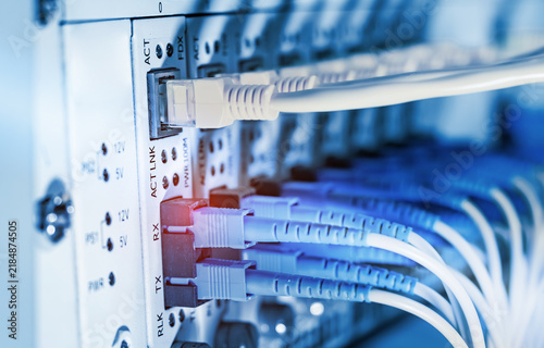 Fiber Optic cables connected to optic ports and UTP, Network cables connected to ethernet ports