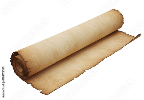 A partially unrolled parchment scroll rests on transparent background vellum manuscript ancient