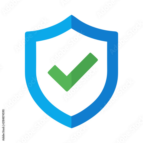 Blue security shield icon with green checkmark symbol illustration