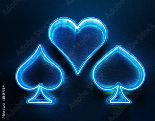 glowing neon outlines of heart diamond club spade suits on dark surface