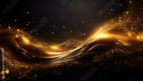 water wave splashing shimmering gold particles dynamic abstract motion dark background