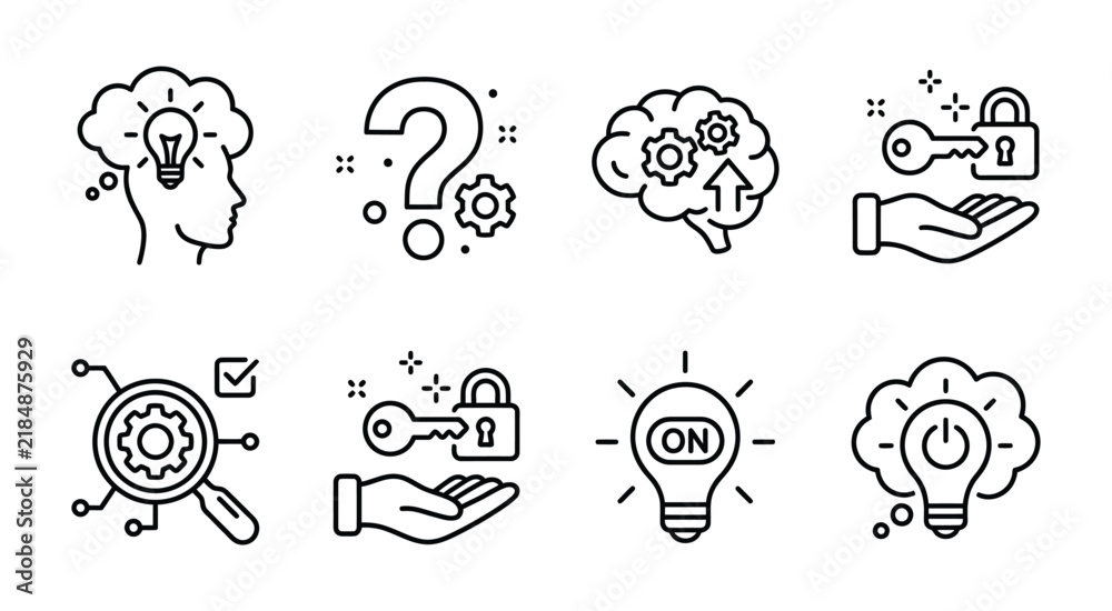 Obraz premium Creative thinking icon set illustration. Collection of brain, question mark, light bulb, magnifying glass, puzzle, and idea icons representing problem solving, innovation, and intelligence.