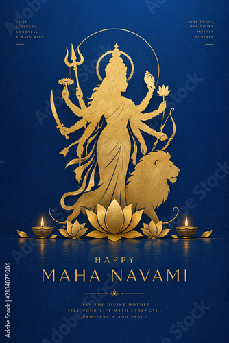 Happy Maha Navami Greeting with Golden Durga Silhouette on Blue