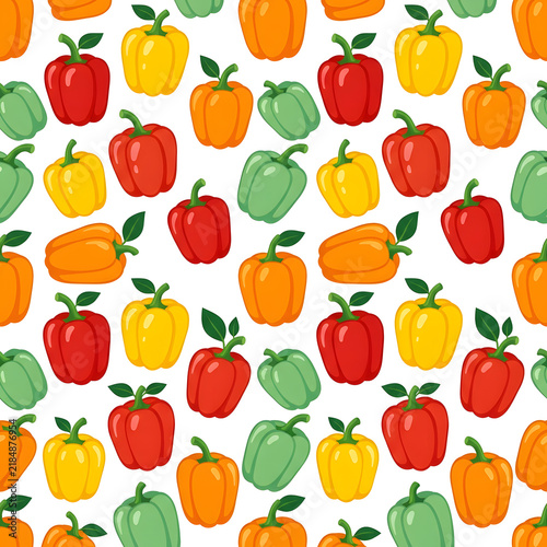 Colorful seamless pattern background with red, yellow, orange and green bell peppers, fresh vegetable vector illustration for kitchen design