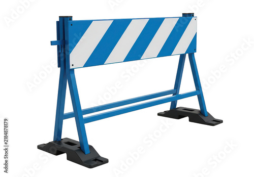 Blue and white striped barricade with black base stands on transparent background