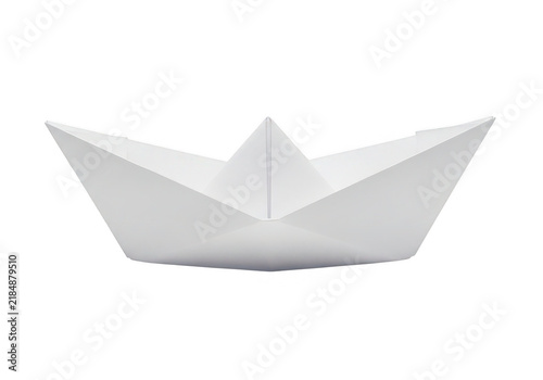 A white paper boat rests calmly presented on transparent background papercraft origami