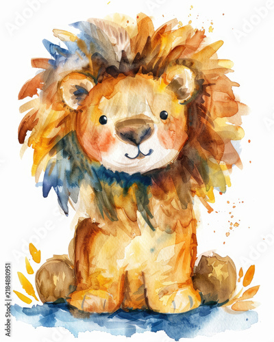 A cute baby lion painted in delicate watercolor with a fluffy golden mane. The simple white background gives the illustration a soft nursery feel.