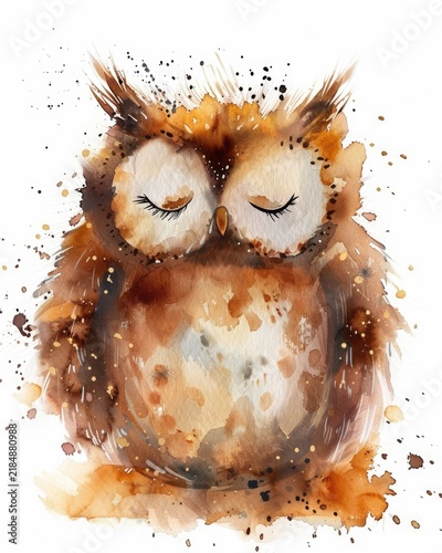 A watercolor baby owl sitting with closed eyes. Soft beige and grey tones. Feathers painted delicately. Calm and dreamy nursery style.