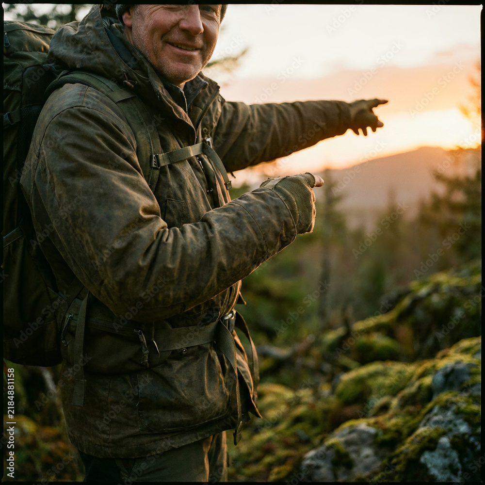 Fototapeta premium Man in a waxed canvas jacket pointing towards a forest ridge at sunset