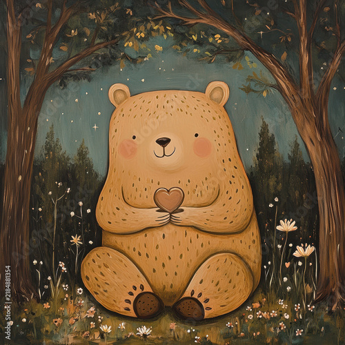 A cute bear holding a small heart. The funny character and playful shapes create a cheerful, heartwarming illustration.