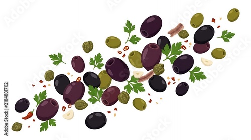 Falling black and green olives with fresh parsley capers garlic and red chili flakes isolated on a white background