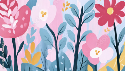 Colorful flowers and whimsical plants arranged in a cheerful naive painting style. Gouache textures give the artwork a soft, tactile appearance.
