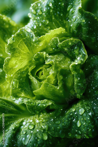 Macro view of vibrant lettuce leaves with delicate water droplets across their surface. Natural textures emphasize freshness and moisture.