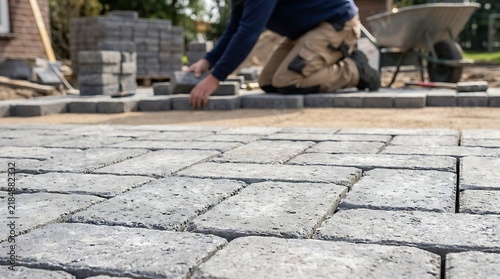 Worker laying gray paving stones outdoors pavement