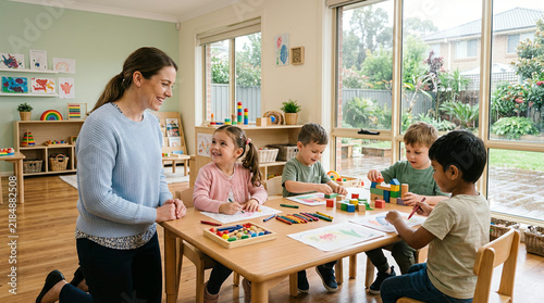 Four children and a woman at a wooden table in a preschool room indoors