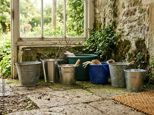 Six galvanised buckets lined up in a row on a stone tiled porch entryway