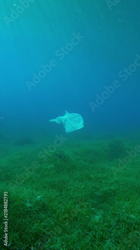 Vertical footage, Approaching to old white plastic bag floating on blue water column above seagrass bed in sun glare, Slow motion, Plastic pollution of the Ocean