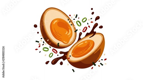 Japanese Soft Boiled Ramen Egg Halves with Soy Sauce Splash and Garnish Isolated on White Background Illustration