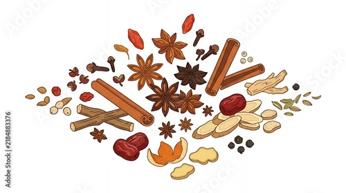 Healthy Aromatic Spice and Herb Composition with Cinnamon Star Anise Ginger Cloves and Dried Berries