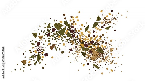 Abstract Splash of Organic Green Tea Leaves and Herbal Ingredients Isolated on Pure White Background Illustration
