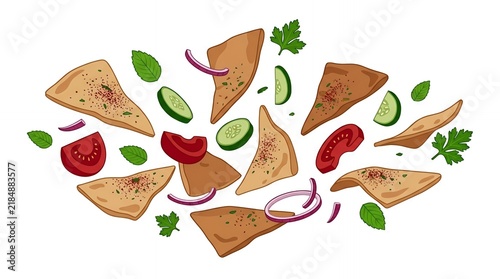 Levitating Fattoush Salad Ingredients with Toasted Pita Bread Slices Fresh Vegetables and Herbs Illustration