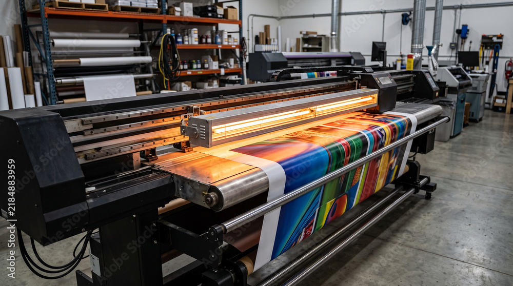Fototapeta premium Industrial printing machine in a warehouse printing a colorful banner