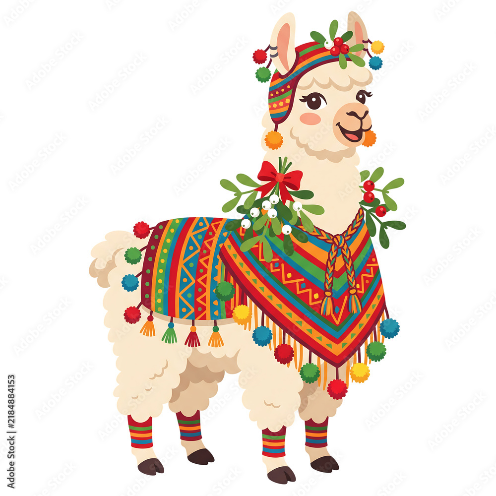 Obraz premium Cute llama wearing traditional poncho and festive mistletoe decoration clipart on transparent background