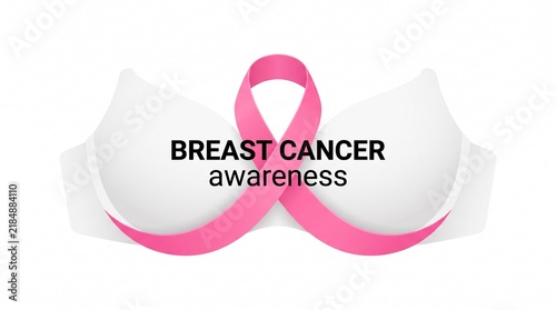 A vibrant pink ribbon symbolizes breast cancer awareness resting on delicate white lingerie representing hope and unwavering support