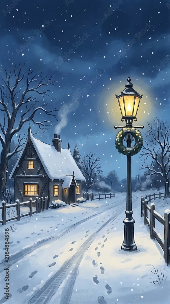 Obraz premium A cozy cottage in a snowy winter landscape at night with a glowing street lamp decorated with a wreath and footprints in the fresh snow