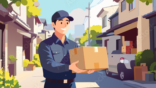 住宅街で荷物を届ける男性ドライバー_1920x1080px
