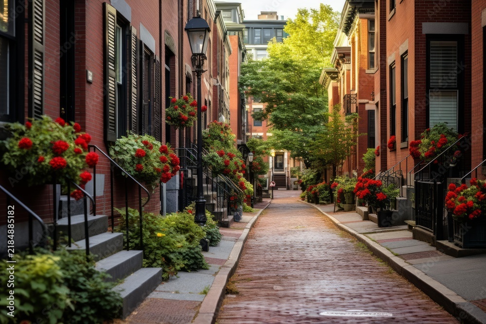 Fototapeta premium Cobblestone alleyway with elegant red brick row houses and abundant blooming plants