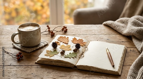 Cozy autumn morning with warm coffee and open journal on rustic wooden table