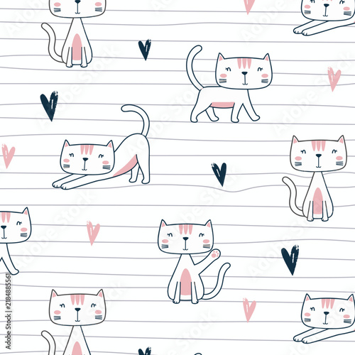 Childish and playful cartoon cat seamless pattern with girly pastel color. Vector illustration for textile, baby print, wrapping, t-shirt, packaging, bedding, clothing and others