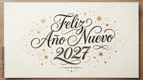 Elegant feliz año nuevo 2027 calligraphy with gold stars on textured card