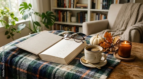 Cozy autumn reading nook with open book, coffee, and fall decor