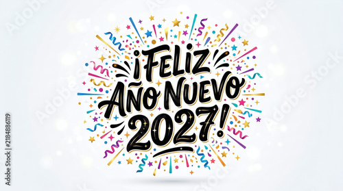 Festive feliz ano nuevo 2027 lettering with colorful confetti burst