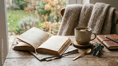 Cozy autumn reading nook with open book, warm drink, and textured blanket