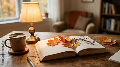 Cozy autumn reading nook with open book, warm lamp light, and coffee