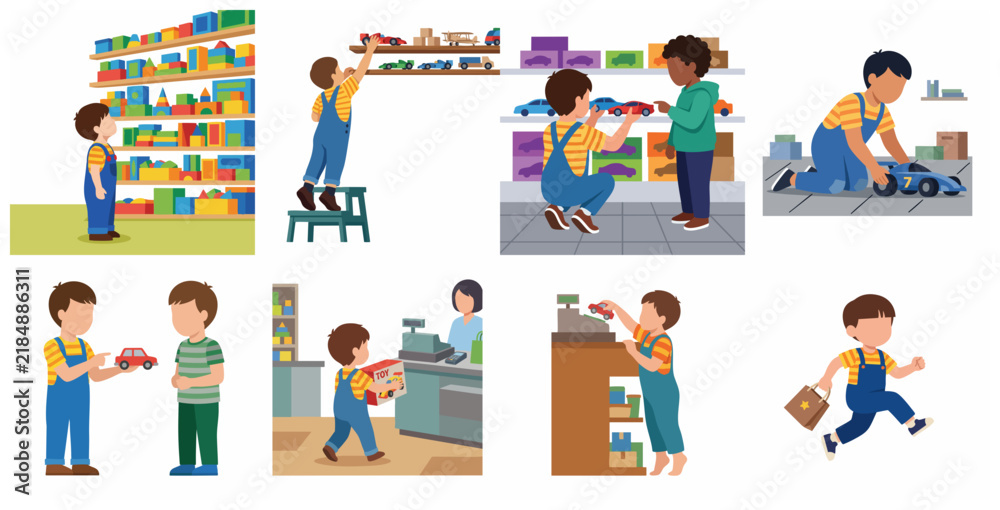 Fototapeta premium Illustration set of young boys shopping and playing with toy cars in a store environment