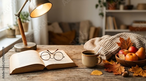 Cozy autumn reading nook with open book, warm lamp light, and seasonal decor