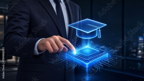 Businessman touching digital AI processor with glowing graduation cap hologram in office