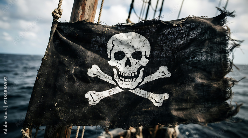Obraz premium A weathered black pirate flag with a skull and crossbones flying on a ship mast