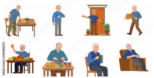 Obraz na plátne Senior Man Preparing and Celebrating Thanksgiving Dinner Character Set