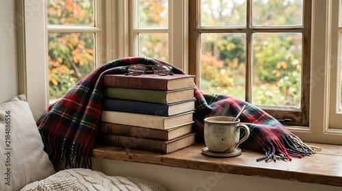 Cozy autumn reading nook with steaming mug of coffee by window