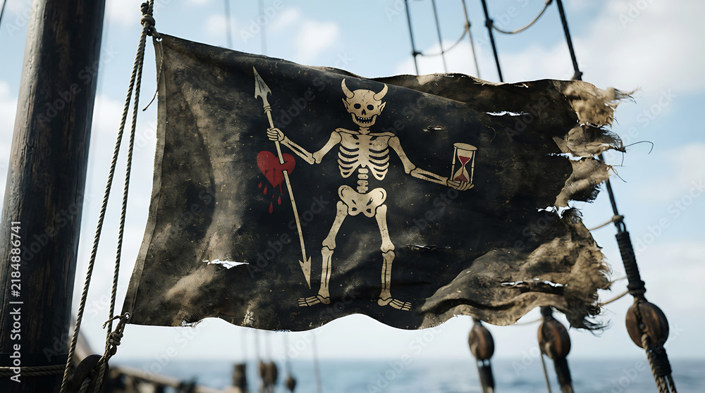 Fototapeta premium A pirate ship flag with a skeleton and a skull against a blue sky