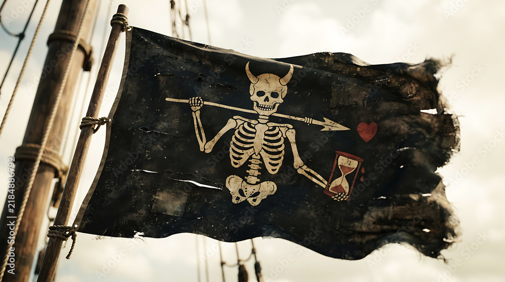 Fototapeta premium A tattered jolly roger pirate flag waves against a cloudy sky on a ship